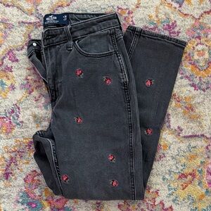 Hollister Women's Dark Gray Jeans with Pink Rose Embroidery